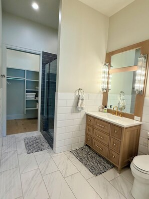 A modern bathroom with a walk-in shower, a vanity with a mirror, and a toilet.
