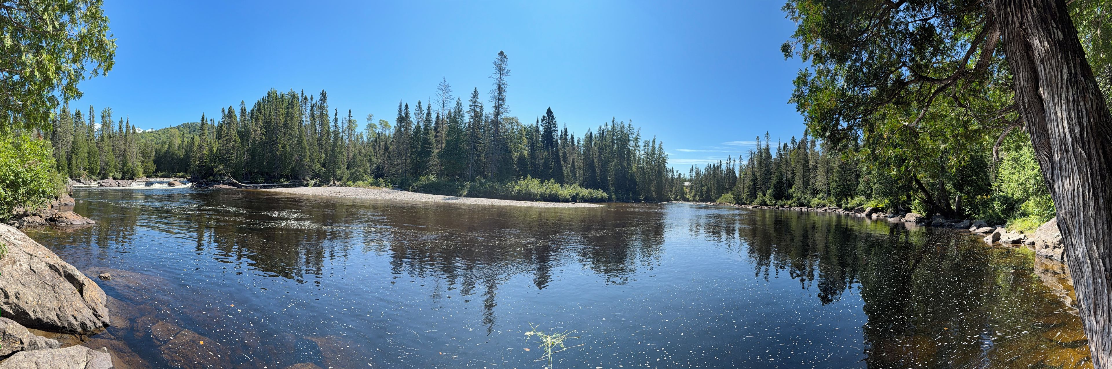 A river surrounded by dense forest and rocky terrain.