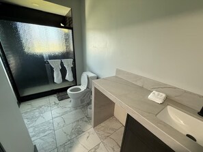 A modern bathroom with a marble floor, a white toilet, a sink with a towel, and a glass shower enclosure. - Beautiful Rustic 4-bedroom farm house with AC in charming Clovis (Clovis)