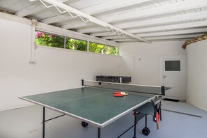 A ping pong table in a room with a white ceiling and a window with greenery visible. - Villa Bella Cerovlje (Istria - Cerovlje) (Cerovlje)