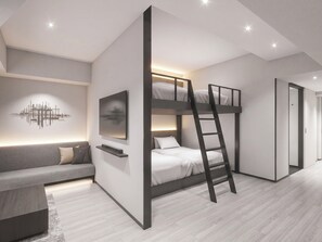 A modern bedroom with bunk beds, a flat-screen TV, and a minimalist design.