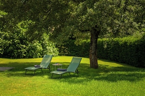 Two green lounge chairs with towels and a small table, set on a grassy lawn with dense trees in the background. - Villa Morena (Istria - Tinjan) (Tinjan)