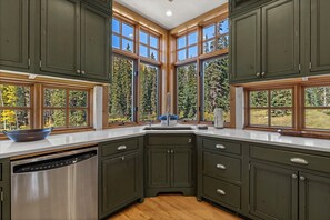 Una cocina con armarios oscuros, un lavavajillas de acero inoxidable y una ventana con vistas a un bosque.