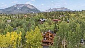 A cabin surrounded by dense forest with a mountain in the background.
