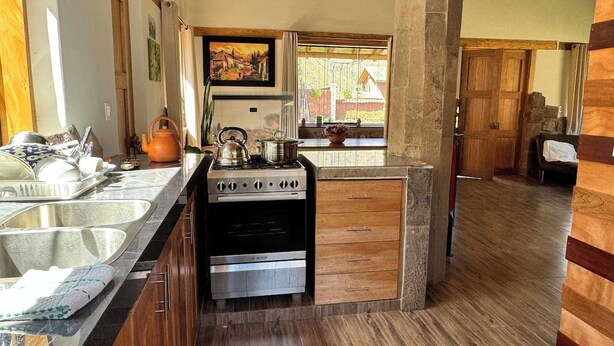 A kitchen with a stove, sink, and wooden cabinets.