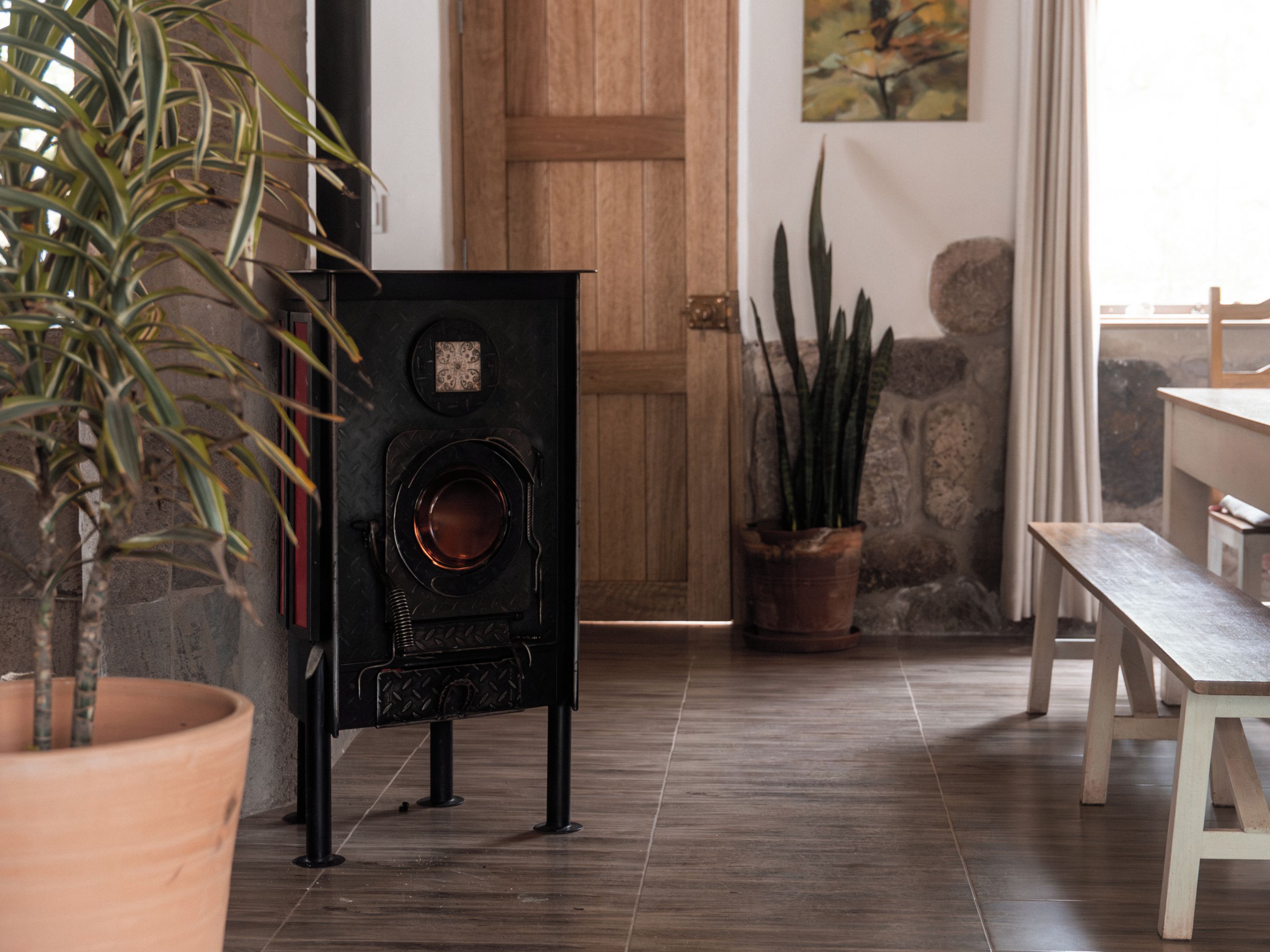 A room with a fireplace, a wooden bench, a potted plant, and a stone wall.