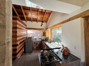 Cozinha com parede de pedra, vigas de madeira, geladeira, fogão e janela com vista para um jardim.