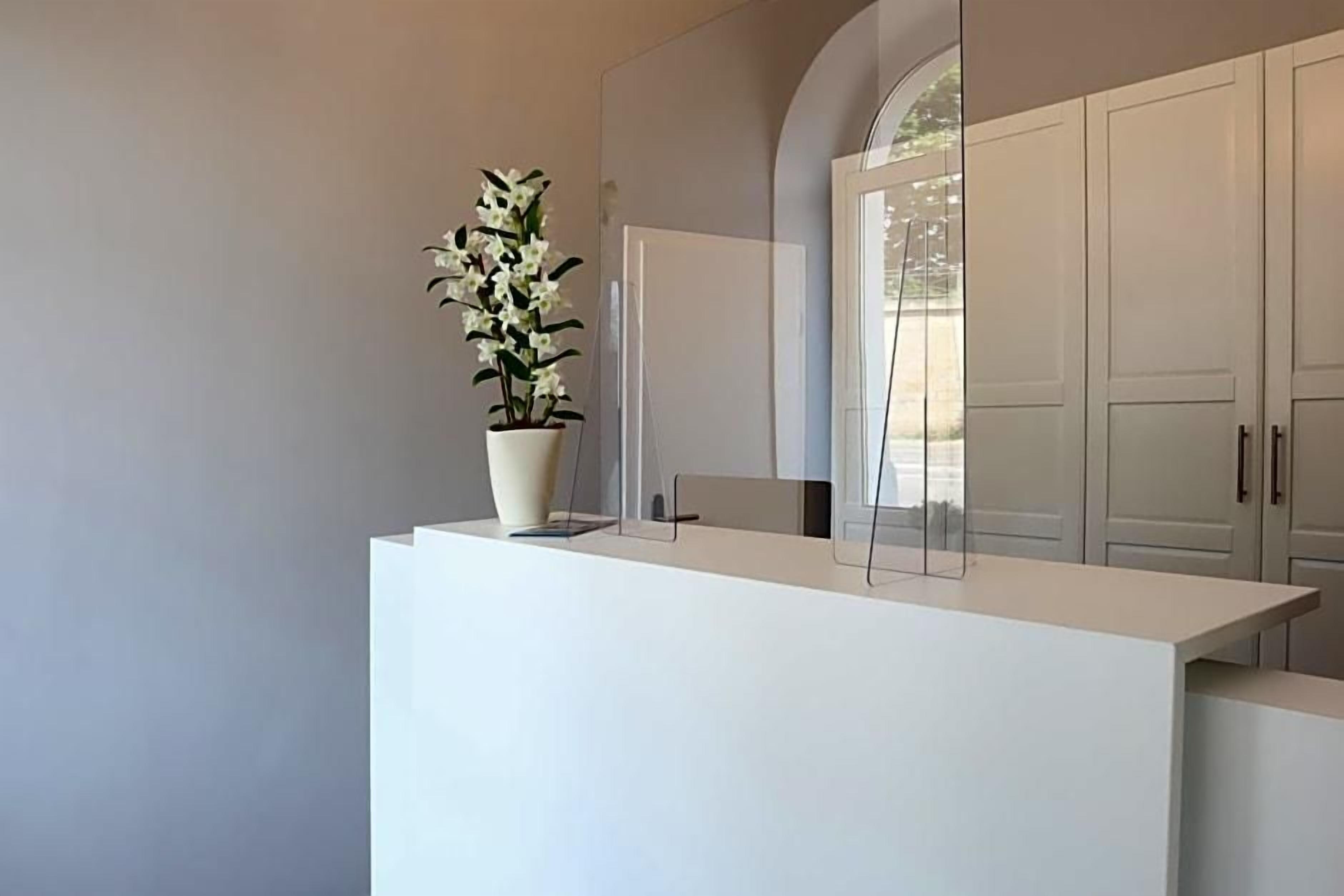 Ein Empfangsbereich mit einem Blumentopf, einer Glastrennwand und Blick auf eine Tür, die zu einem Raum mit einer Glasdoor führt.