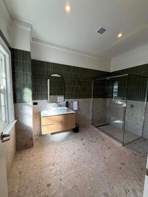 A bathroom with a shower, a sink, and a mirror.