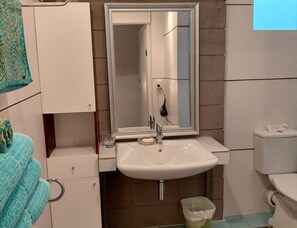 Un bagno con un lavandino bianco, uno specchio, un WC e un cestino.