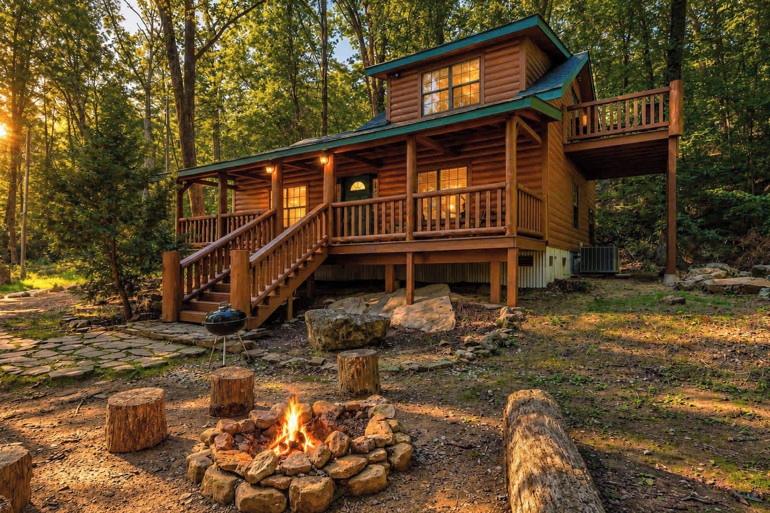 A cabin with a deck, a fire pit, and a staircase leading to an upper level.