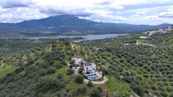 Una villa con piscina rodeada de olivares y montañas al fondo.
