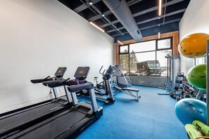 Ein Fitnessstudio mit Laufbändern, Kraftgeräten und Übungsbällen.