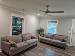 Ein Wohnzimmer mit zwei braunen Sofas, einem Deckenventilator und einer Topfpflanze.