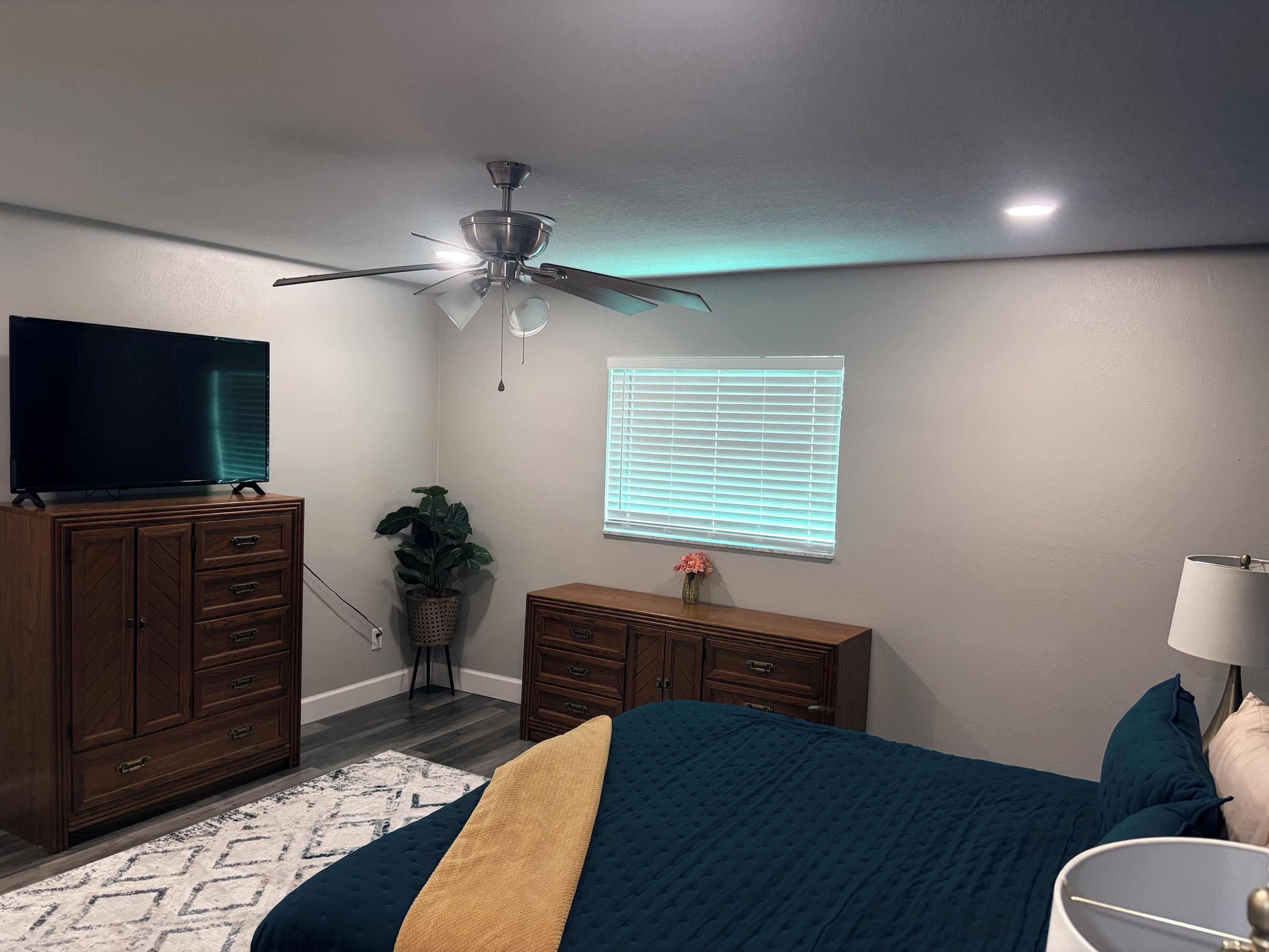 Un dormitorio con cama, cómoda, televisor, ventilador de techo, ventana y una planta.