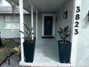 A house entrance with a porch, potted plants, a door, and a mailbox.