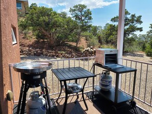 Zona de barbacoa a l'aire lliure amb una barbacoa, taules i un dipòsit de propà.'