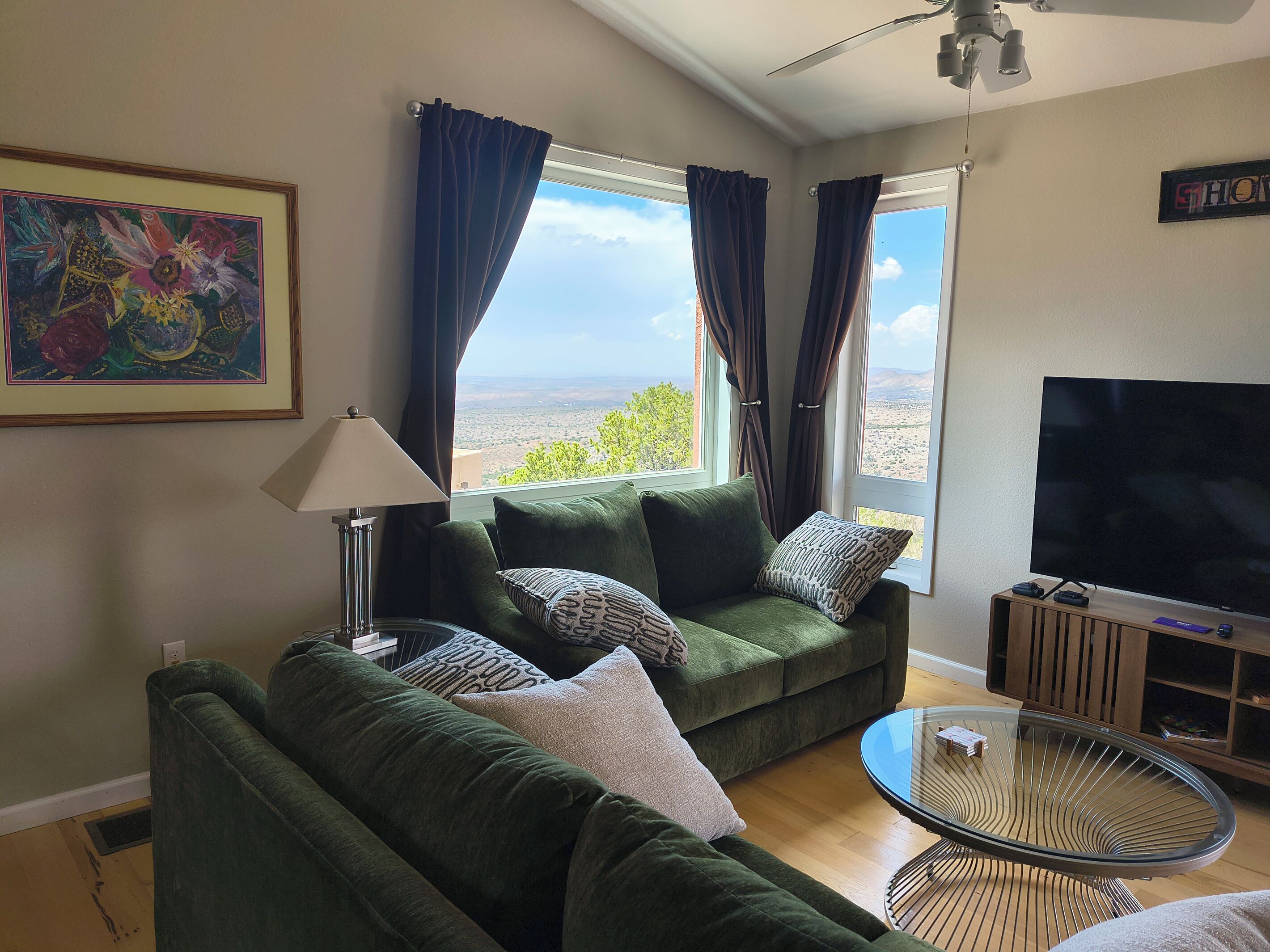 A living room with a green sofa, a TV, a lamp, and a view of the landscape.
