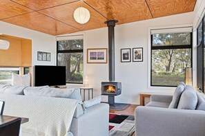 A modern living room with a wood-burning stove, large windows, and a flat-screen TV.