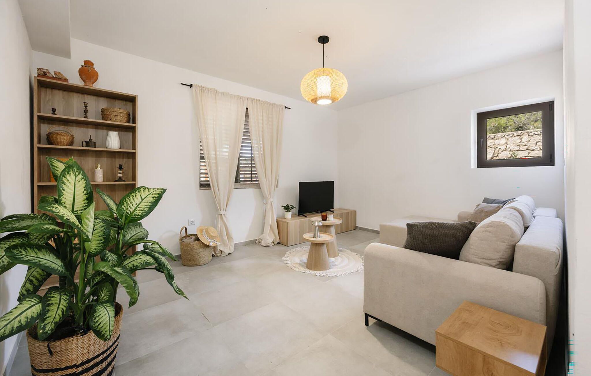 A living room with a sofa, a television, a plant, and a bookshelf.