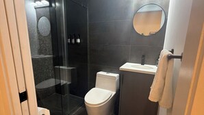 Un baño moderno con cabina de ducha de vidrio, inodoro y lavamanos con espejo.
