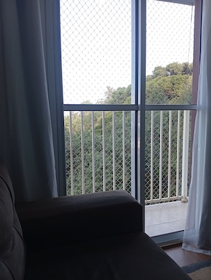 A room with a large window, a balcony with a metal railing, and a dark-colored sofa.