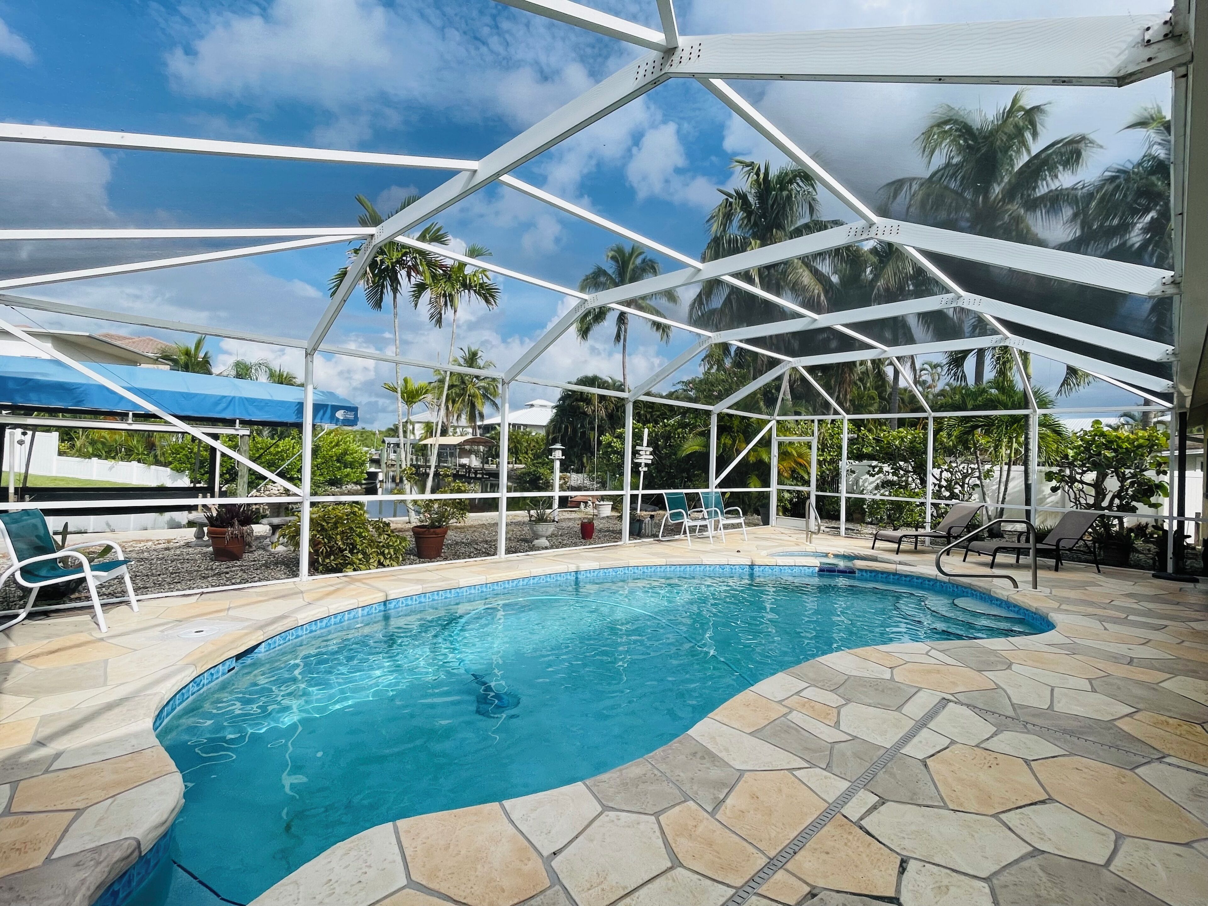 Una piscina interior con vistas claras a palmeras y una zona de estar cubierta.
