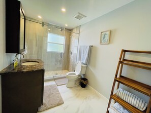 Een badkamer met een douche met glazen wand, een wastafel met een marmeren aanrechtblad, een toilet en een houten plank.