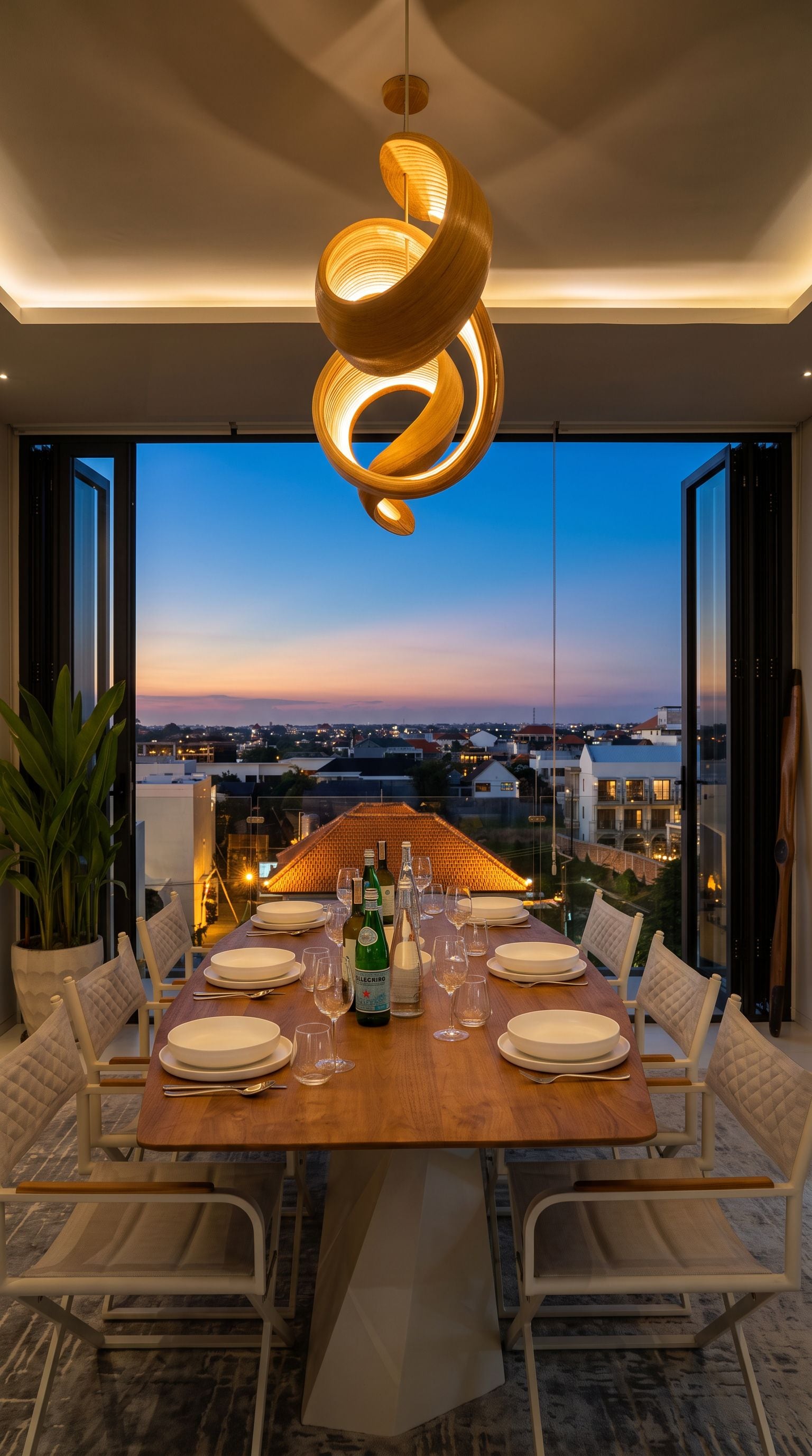 Comedor con mesa de madera dispuesta para seis personas, sillas blancas y vistas a la ciudad a través de amplios ventanales.