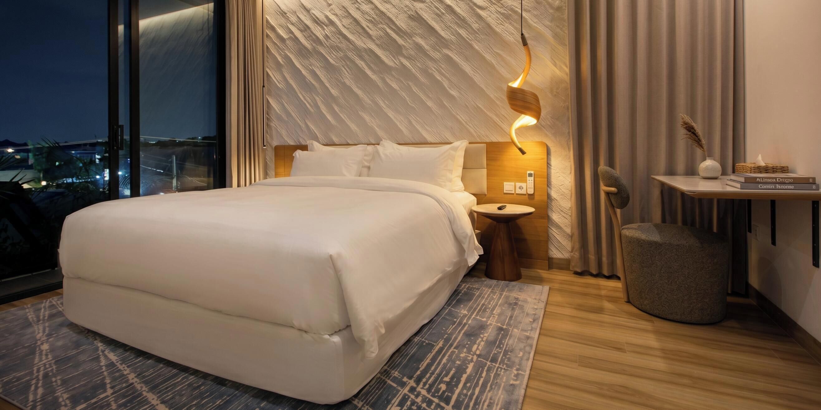 A modern hotel room with a large bed, a bedside table, a nightstand, a lamp, and a view of the city at night.