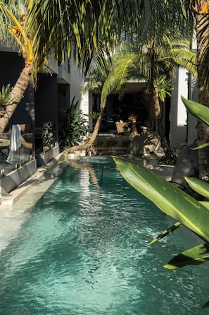 Una piscina con agua cristalina, rodeada de plantas tropicales y un muro de piedra.