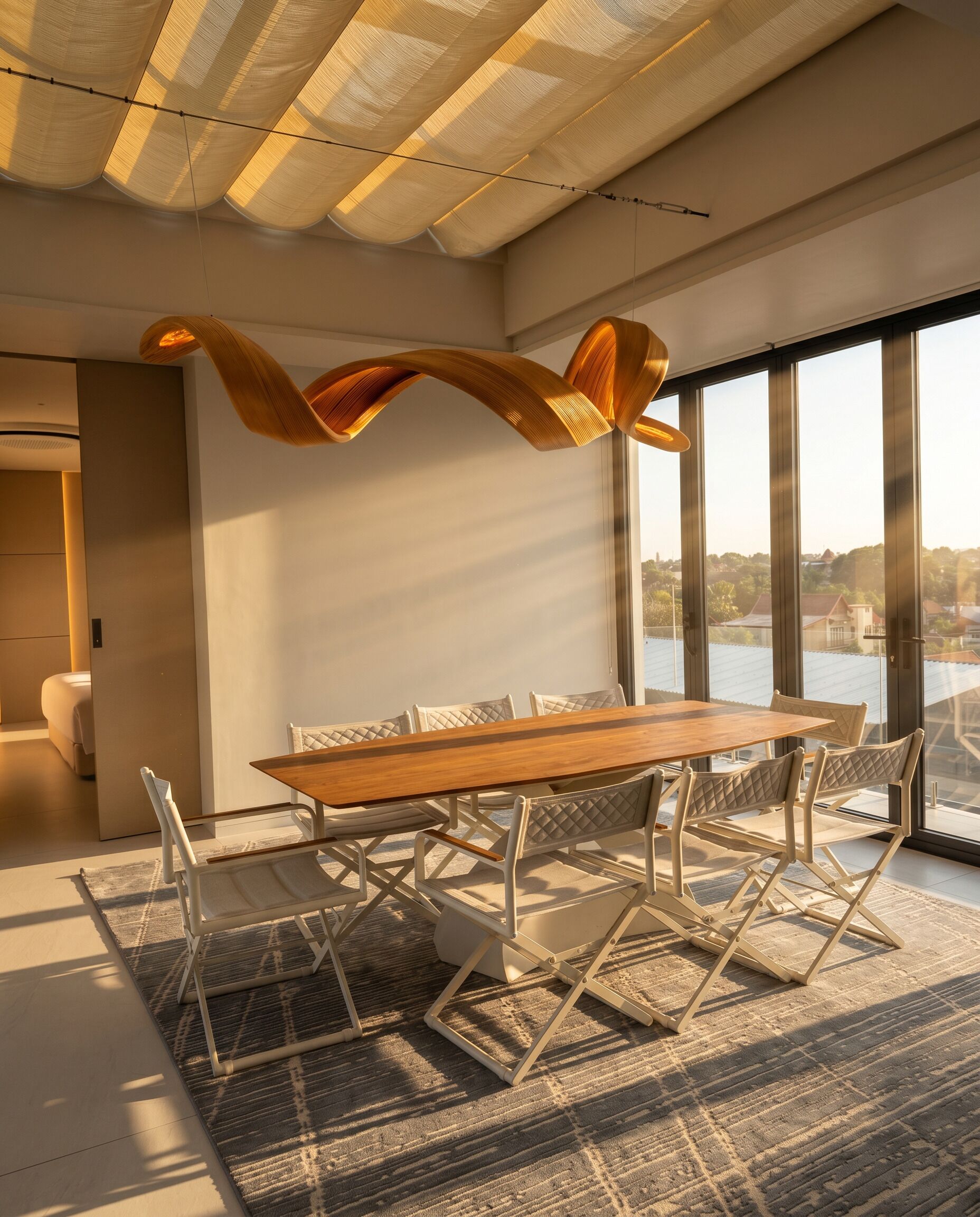 Un comedor moderno con una mesa de madera y sillas blancas, ventanas amplias y vistas al exterior.