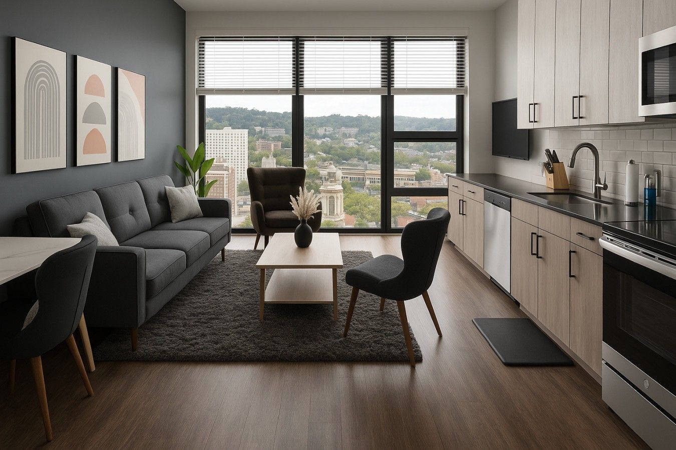 A modern living room with a sofa, coffee table, and chairs, a kitchen with cabinets and appliances, and large windows with a city view.