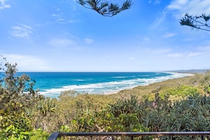 A coastal landscape with a view of the ocean and beach vegetation.