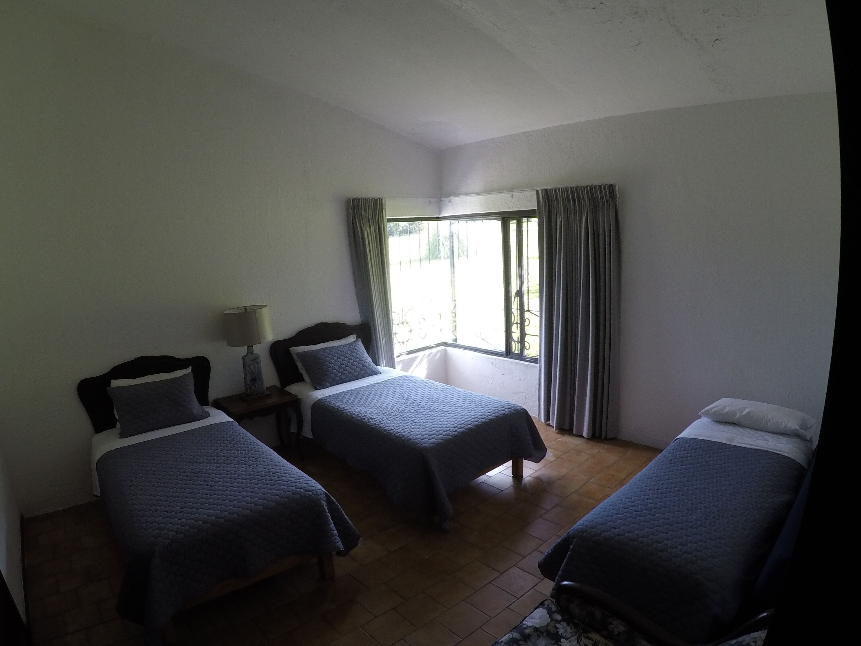 A room with two beds, a window with curtains, and a nightstand with a lamp.