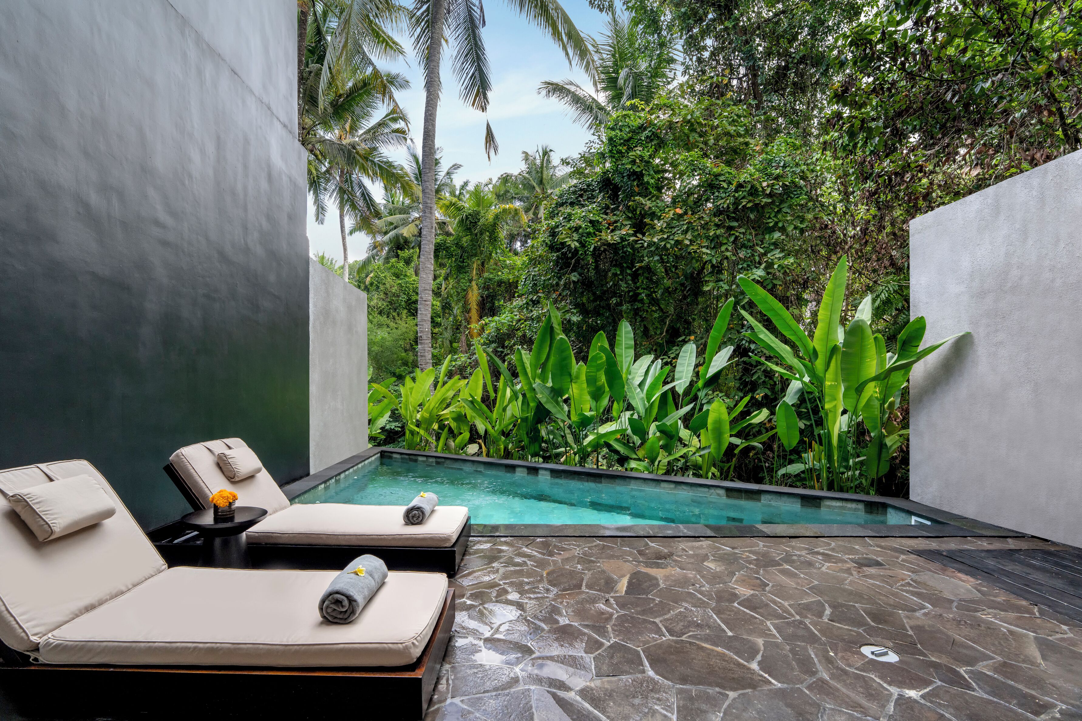 A poolside area with lounge chairs and a small table, surrounded by lush greenery and a clear pool.