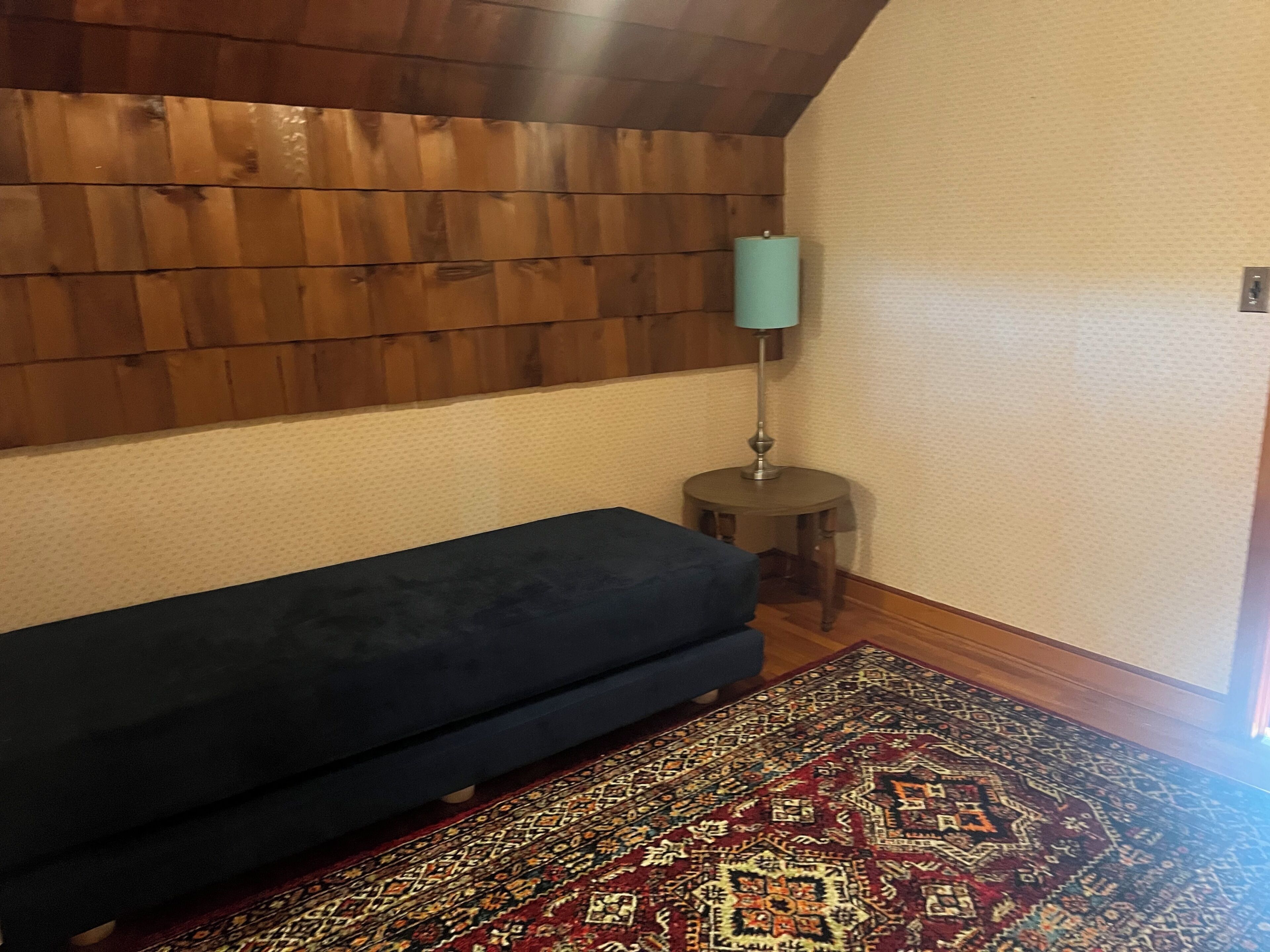 Una habitación con un sofá de color oscuro, un tapete estampado, paneles de madera en la pared y una pequeña mesa redonda con una lámpara.