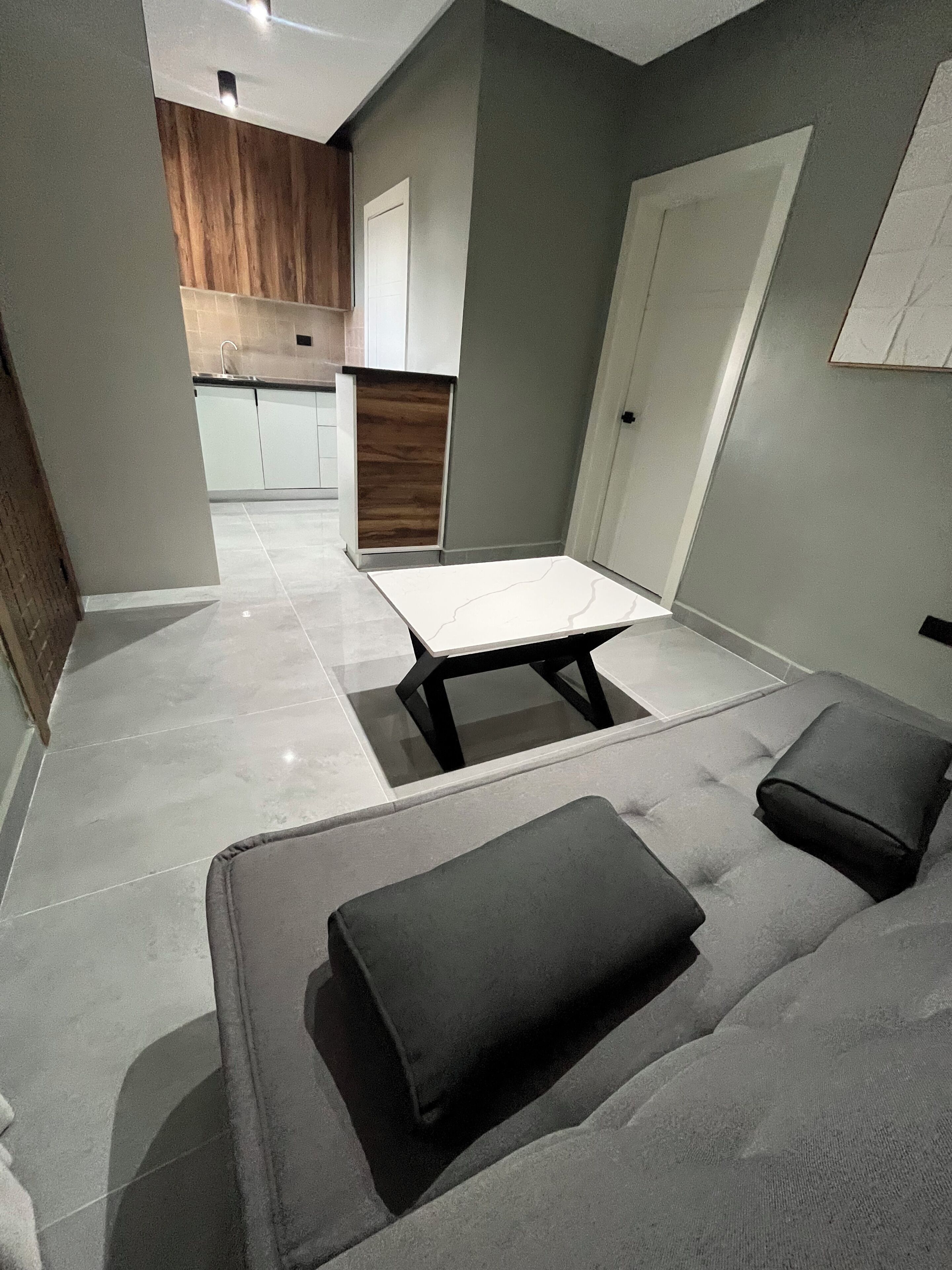 Una sala de estar moderna con un sofá, una mesita de centro y vistas a una cocina.