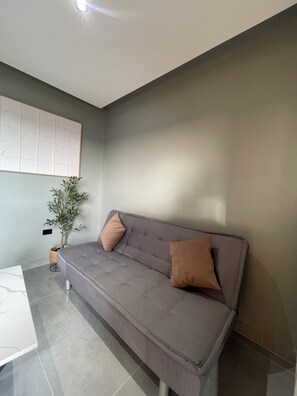 A modern living room with a grey sofa, two cushions, a potted plant, and a wall-mounted light fixture.