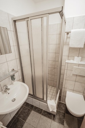 Et badeværelse med bruser, vask og toilet.