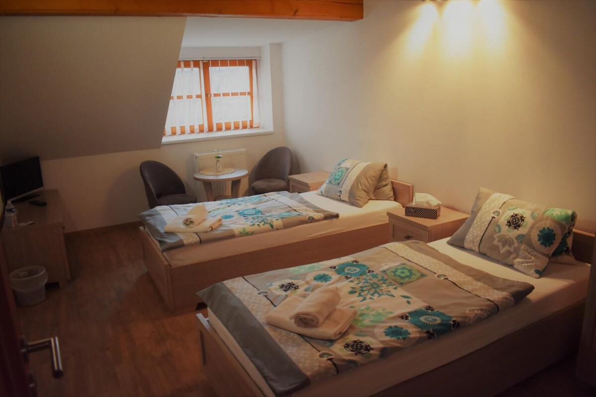 Un dormitorio pequeño y acogedor con dos camas individuales, un escritorio y una silla.