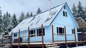 Une cabane bleue avec un toit en métal, une terrasse en bois et une cheminée.