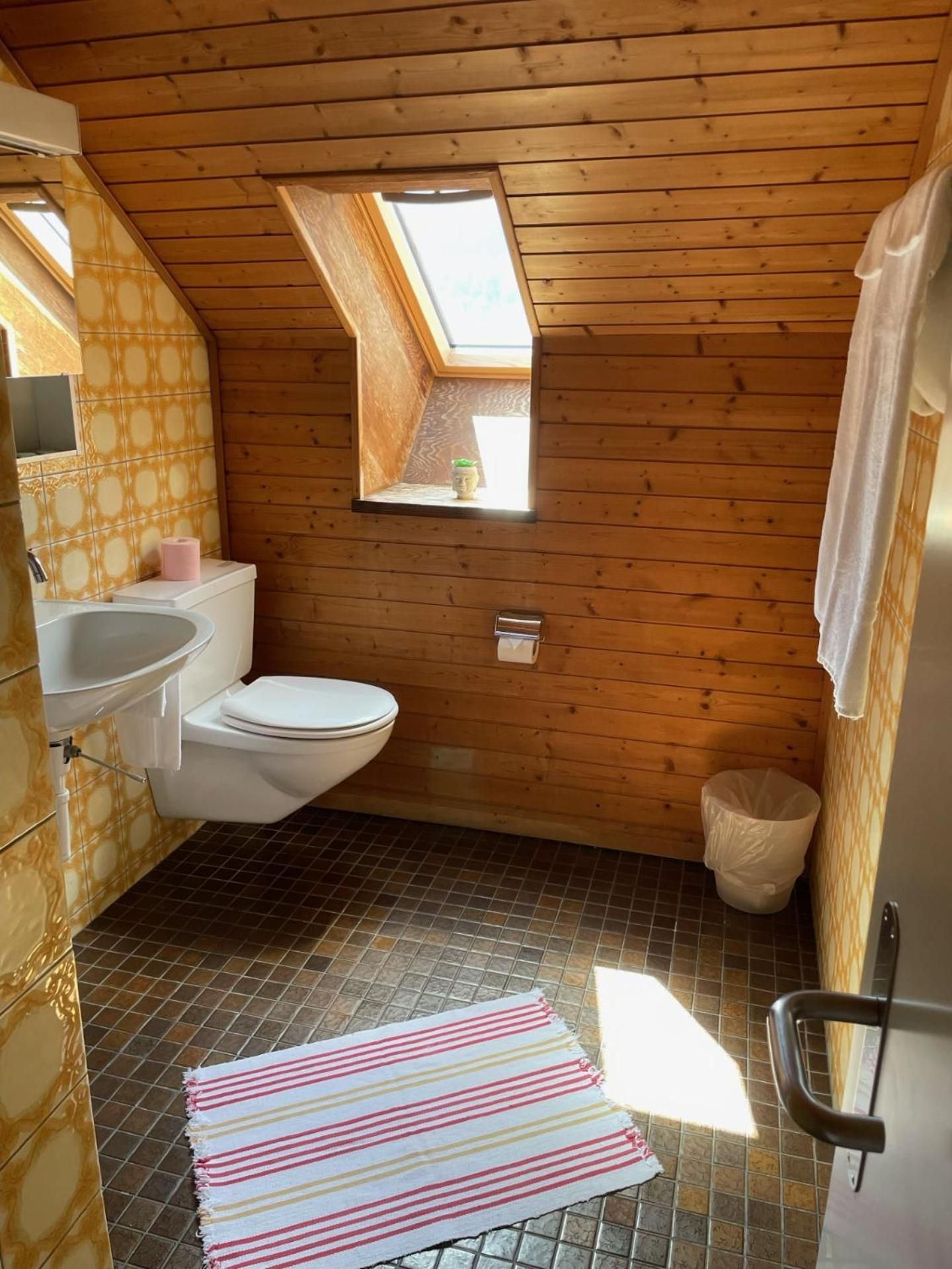 Ein kleines Badezimmer, dessen Wände mit Holz verkleidet sind, mit einem Dachfenster, einer Toilette, einem Waschbecken und einem Mülleimer.