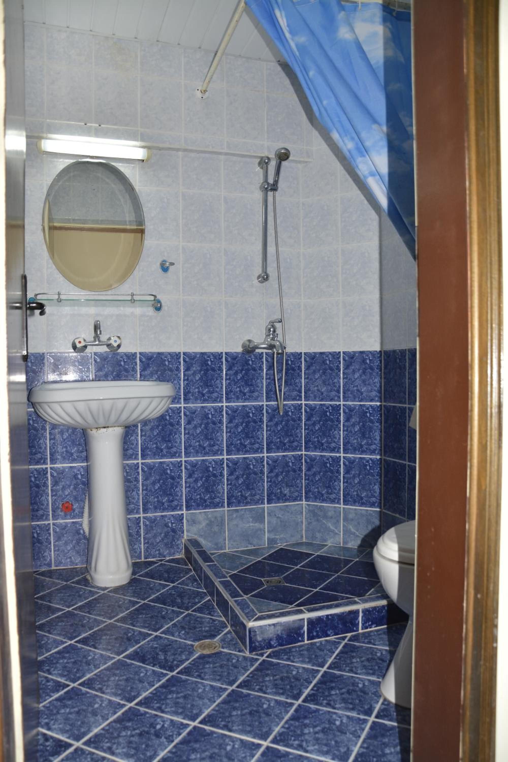 A bathroom with a pedestal sink, a toilet, and a shower area.