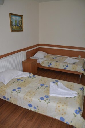 Una habitación con dos camas individuales, una mesita de noche de madera, un radiador y un cuadro en la pared.