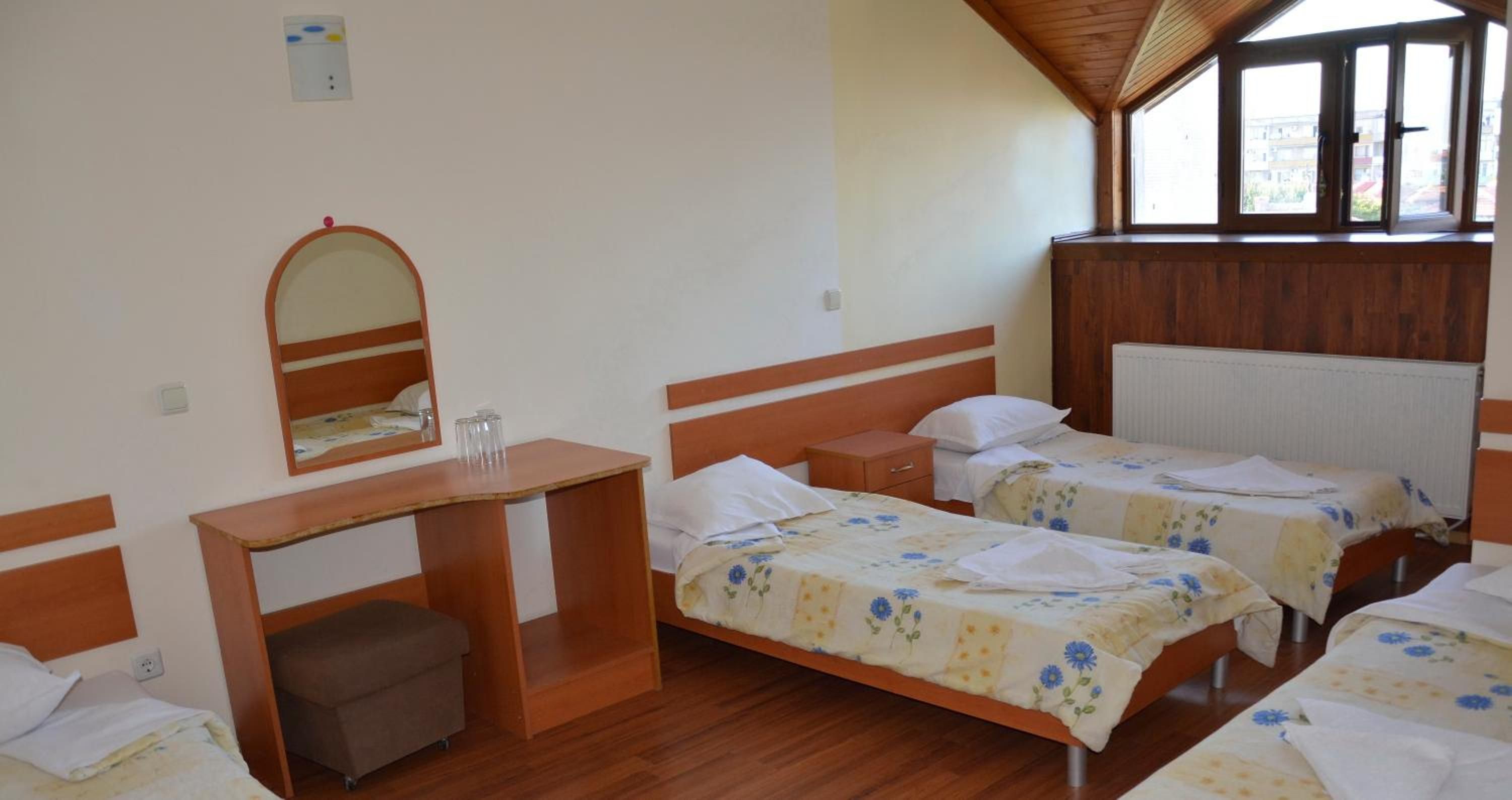 A room with two beds, a desk, a mirror, and a radiator.