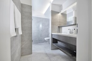 Ein modernes Badezimmer mit begehbarer Dusche, Toilette und Waschtisch mit Spiegel.