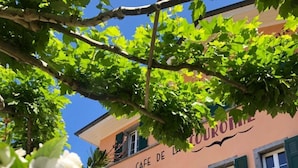 Ein Tisch mit einer Flasche und Gläsern, einer Topfpflanze und einem Gebäude mit der Beschilderung 'CAFE DE LA CUVRINE'.