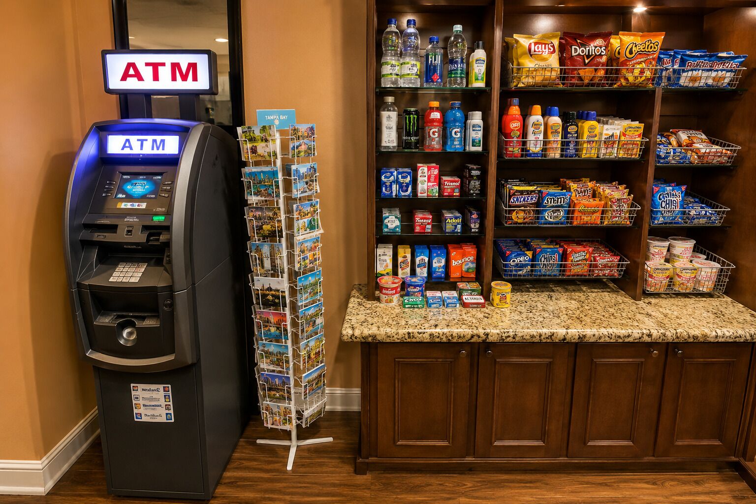 En bankomat, ett café med ett utbud av snacks och drycker samt ett ställ med vykort.