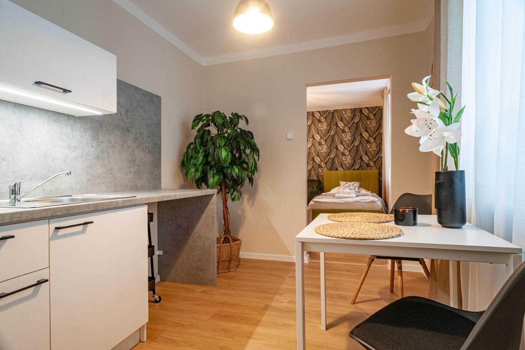 A modern kitchen with a built-in oven, a dining area with a table and chairs, a potted plant, and a view into a bedroom with a patterned wallpaper.